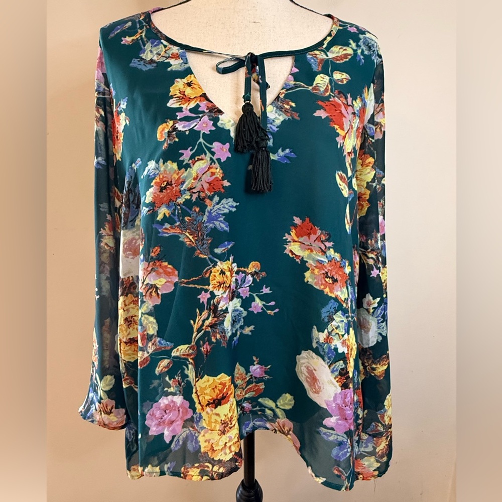 Show me Your MuMu floral tunic top vibrant teal pink yellow SZ M